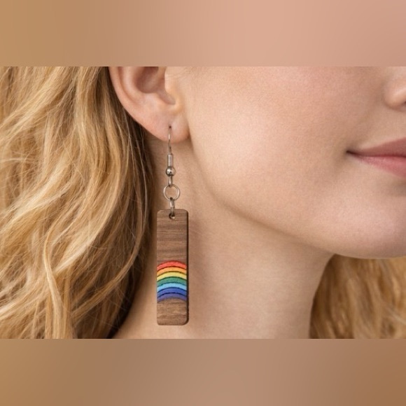 Handmade Jewelry - Handmade Wooden Rainbow Boho Dangle Earrings Hand Painted & Engraved Y2K Summer